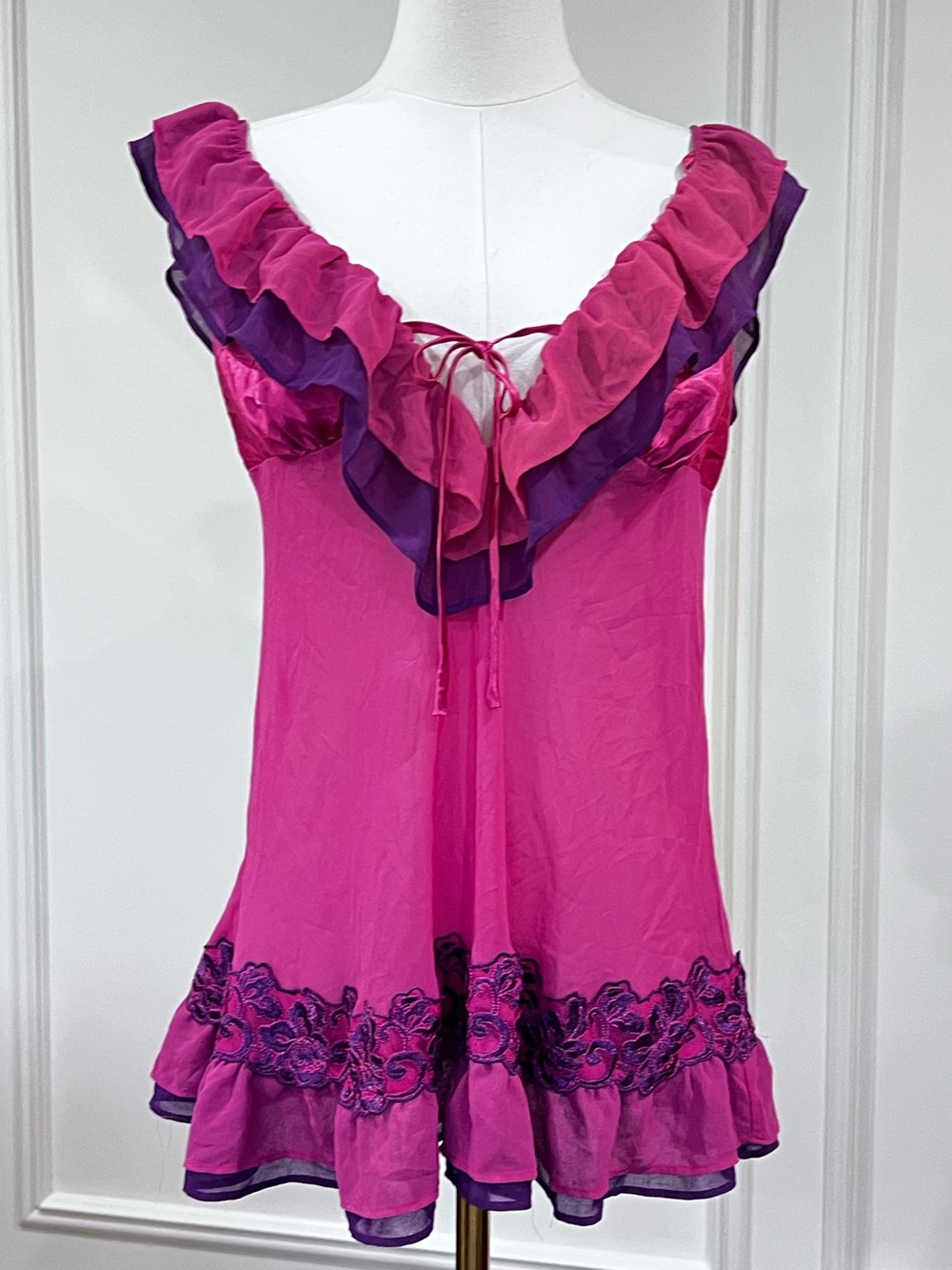 Vintage‎ Y2K Pink Purple Sheer Chiffon Babydoll Slip Chemise Coquette Ruffle